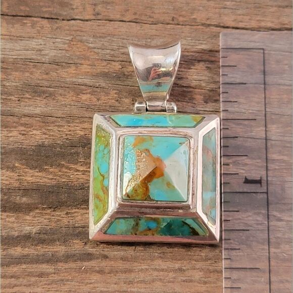 Sterling Gold Matrix Blue Green Turquoise Pyramid Pendant - Picture 7 of 9